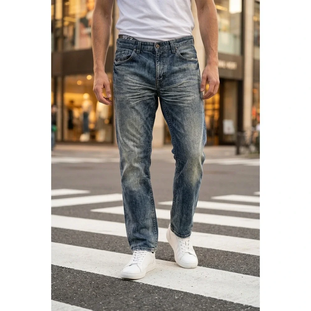 Ecko Unltd Relaxed Straight Leg Jeans Blue Whiskered Denim Sz 38 Y2K Streetwear